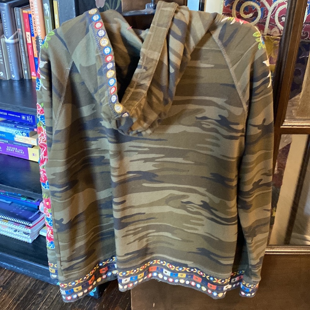 Johnny Was Olive Camo Zip Hoodie with Floral Sleeve Embroidery - Picture 4 of 4